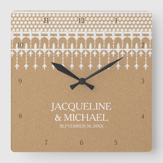Relógio Quadrado Tipografia rústica do roteiro do papel de (Frente)