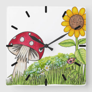 Relógio Quadrado Toadstool e Sunflower Clock