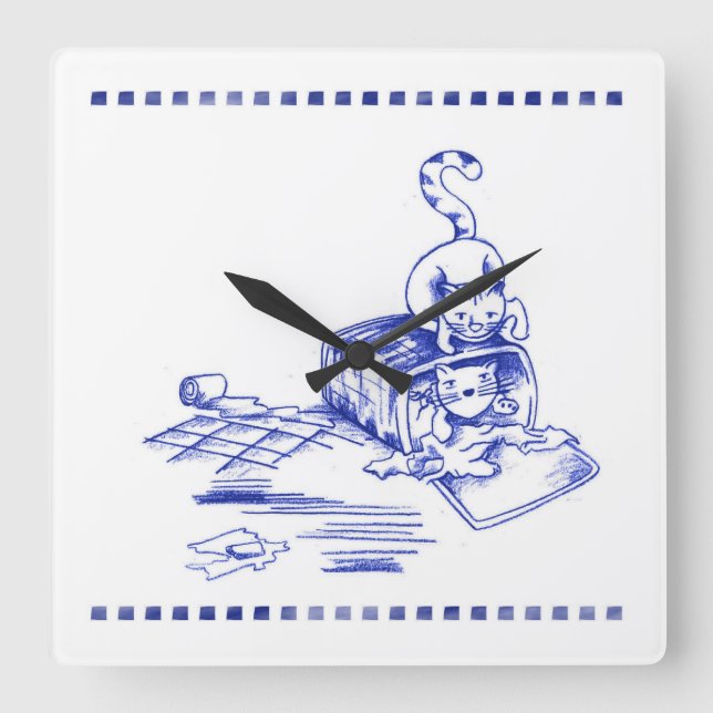 Relógio Quadrado Toile de Banheiro Gato de Hamper (Frente)