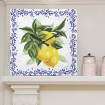 Relógio Quadrado Toile Lemons Clock<br><div class="desc">Toile Lemons Kitchen or Patio Clock. This lovely European style design features luscious lemons surrounded by a toile border! A bunch of bright, ripe lemons on a branch encircled with generous green leaves. A border of royal navy blue toile filagree borders the design. A perfect touch for your Italian or...</div>