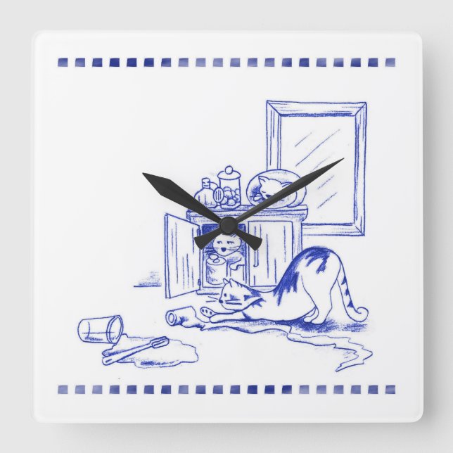 Relógio Quadrado Toilet Paper Divertido Kitty Cat Bathroom Toile (Frente)
