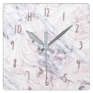 Relógio Quadrado Toque de Mármore Cinza Branco Rosa Redondo Chic Mo