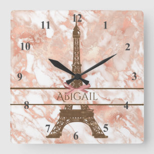 Relógio Quadrado Torre Eiffel Personalizada Branco, Rosa Dourado Ma
