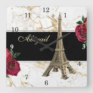 Relógio Quadrado Torre Eiffel Personalizada Dourada, Rosa de mármo
