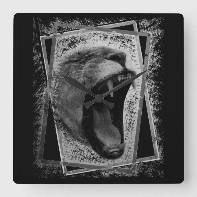 Relógio Quadrado trabalho de arte de leão preto e branco  (Frente)