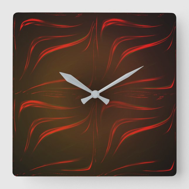 Relógio Quadrado Traços vermelhos ondulados sobre fundo preto (Frente)