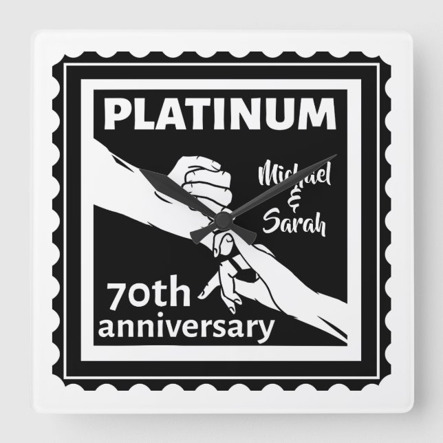 Relógio Quadrado tradicional platina azul do aniversário de 70 casa (Frente)