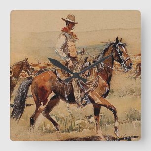 Relógio Quadrado “Trail Drive” 2 Arte Ocidental por Edward Borein
