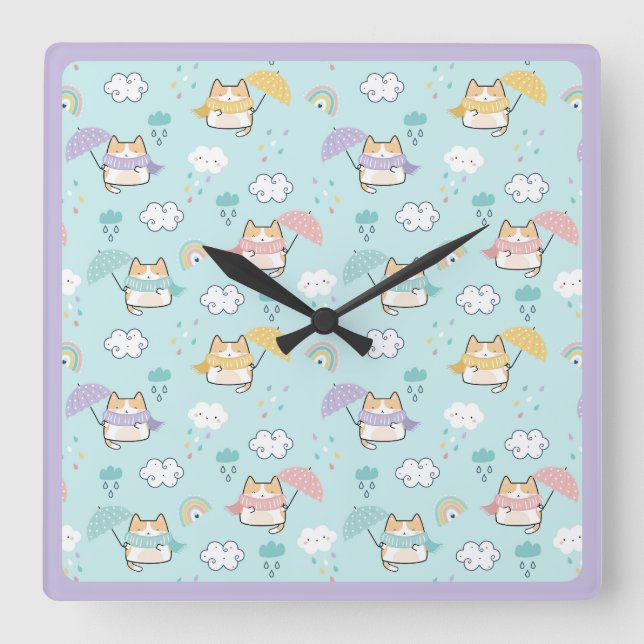 Relógio Quadrado Travesseiro redondo de padrão de dia chuvoso e bon (Frente)