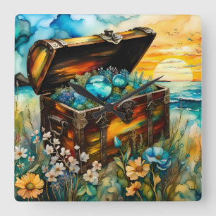 Relógio Quadrado Treasure Chest de Jardim de Flores Selvagens