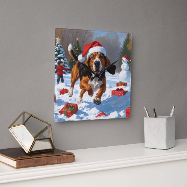 Relógio Quadrado Treeing Walker Coonhound Neve com Chapéu de Natal (Escritório)