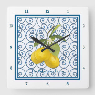 Relógio Quadrado Trellis Scroll Lemon Branch Personalizado Azul