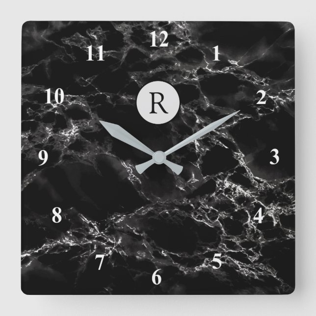 Relógio Quadrado Trendent Black Marble Stone - Adicionar letra/logo (Frente)