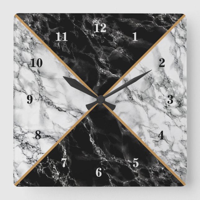 Relógio Quadrado Trendy Black & White Check Marble Stones - Luxo (Frente)