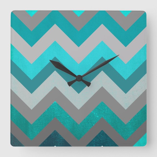 Relógio Quadrado Trendy Girly Gray Teal Chevron Zigzag Pattern (Frente)