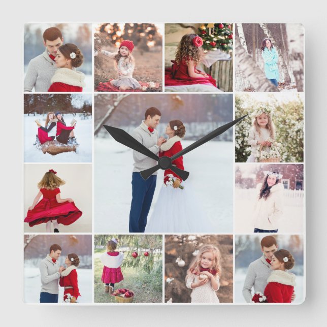 Relógio Quadrado Trendy Multi Photo Collage Wall Clock (Frente)