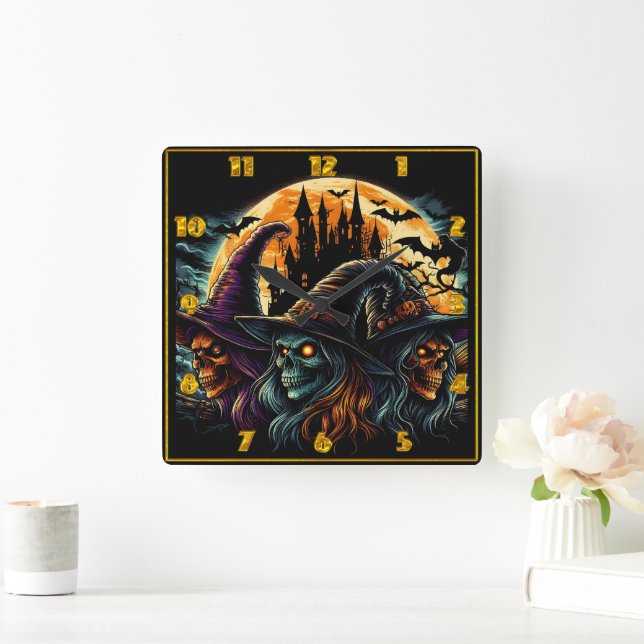 Relógio Quadrado Três bruxas se reúnem sob uma lua de cheio brilhan (Lar)