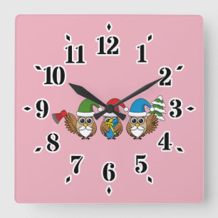 Relógio Quadrado Três Corujas Engraçadas de Gnomo de Natal