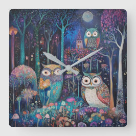 Relógio Quadrado Três Corujas Sob A Lua Completa