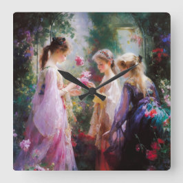 Relógio Quadrado Três meninas brincando em um jardim