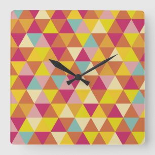 Relógio Quadrado Triângulos Multicolores Polígonos em Forma Geom