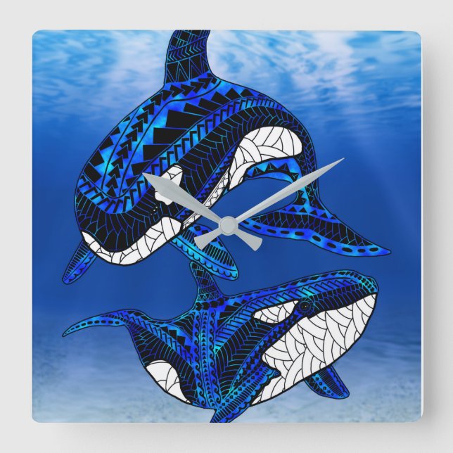 Relógio Quadrado Tribal Orca Killer Whales (Frente)
