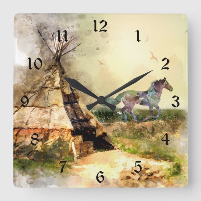 Relógio Quadrado Tribal Tipi e Indian Pony Boho Horse Teepee (Frente)