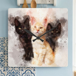 Relógio Quadrado Trio de Aquarela de Gatinhos Pretos e Laranjas Fof