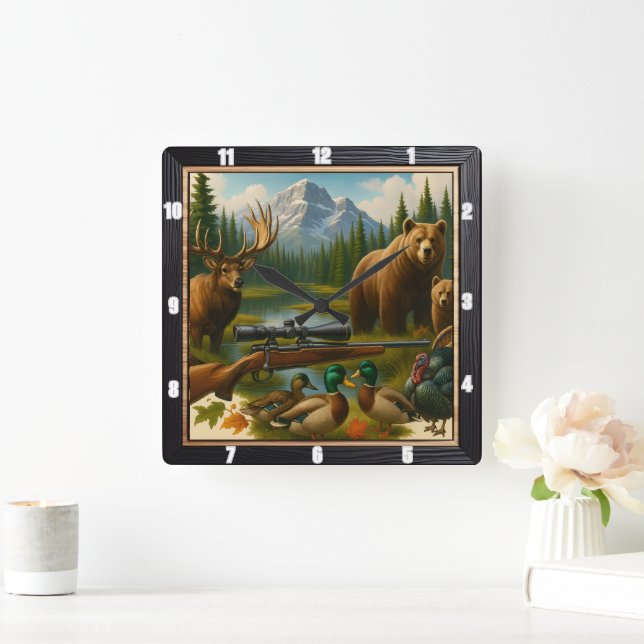 Relógio Quadrado Troféu de Hunter da Vida Selvagem das Montanhas (Lar)