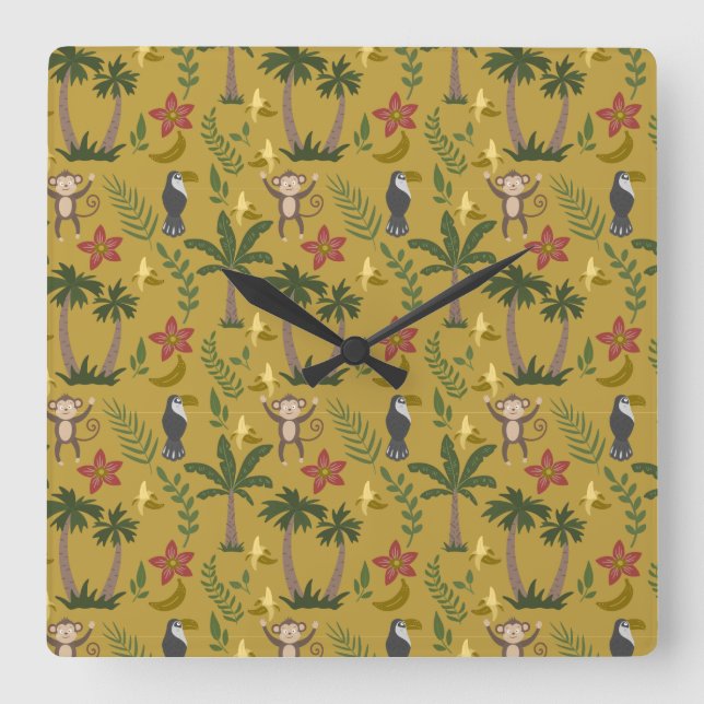 Relógio Quadrado Tropical animals seamless pattern monkey , macaw (Frente)