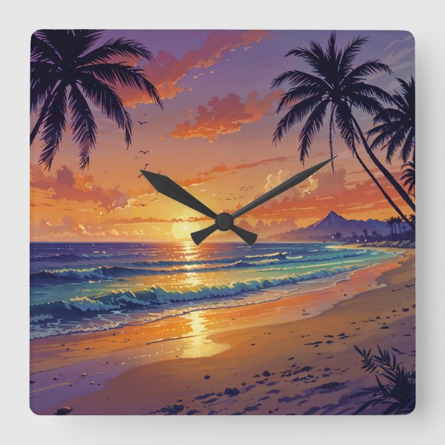 Relógio Quadrado Tropical Beach Sunset - Illustration Style Art (Frente)