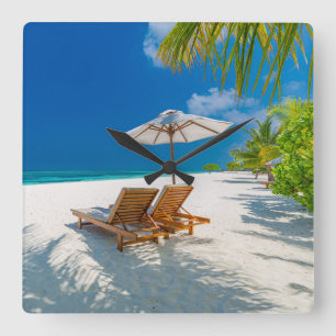 Relógio Quadrado Tropical Beaches   Lounge Chairs Beach, Bora Bora