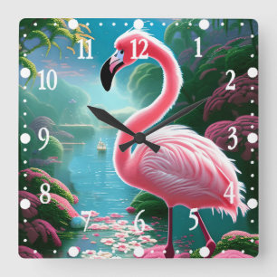 Relógio Quadrado Tropical Flamingo-70852 Elegante