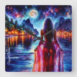 Relógio Quadrado Tropical moonlit fantasy woman in paradise