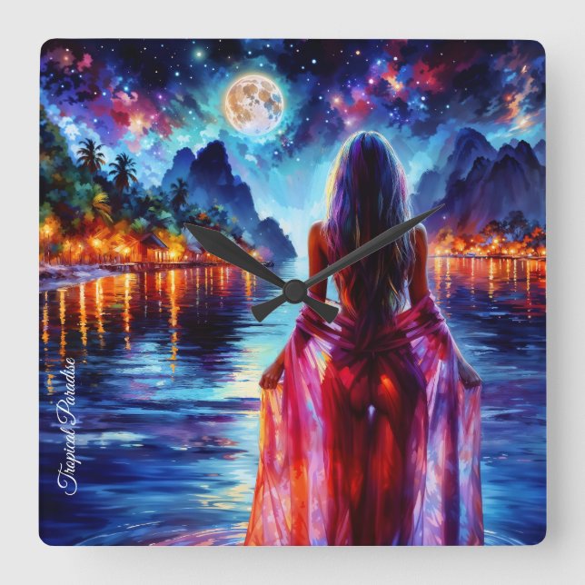 Relógio Quadrado Tropical moonlit fantasy woman in paradise (Frente)