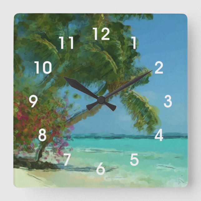 Relógio Quadrado Tropical Palm Tree Beach Painting Wall Clock (Frente)
