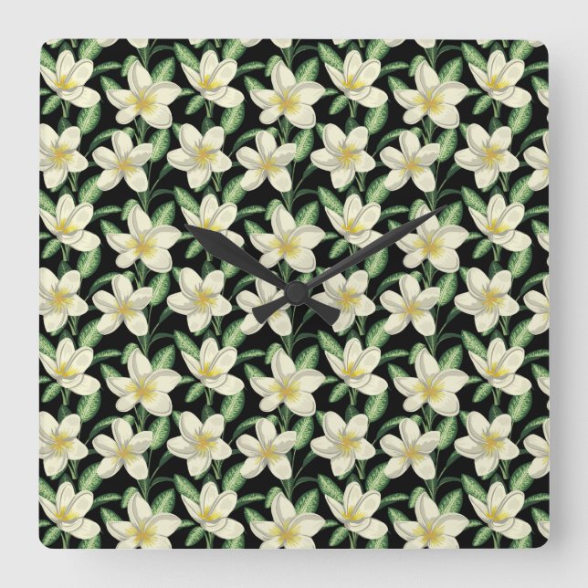 Relógio Quadrado Tropical seamless pattern white flowers green leaf (Frente)