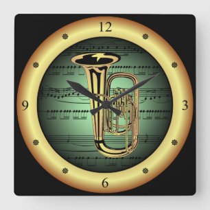 Relógio Quadrado Tuba on Sheet Music ~ Verde sobre fundo Dourado ~