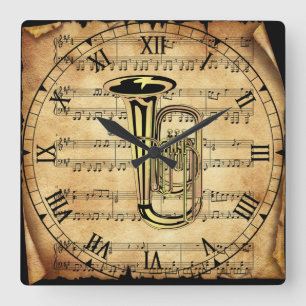 Relógio Quadrado Tuba ~ Vintage Sheet Music Background ~ Único ~