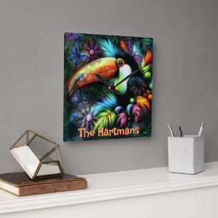 Relógio Quadrado Tucano de Pássaro Abstrato Caprichoso Personalizad