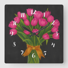 Relógio Quadrado Tulipas Rosa Chalkboard