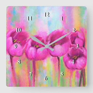 Relógio Quadrado Tulipas Rosa Púrpuras - Pintura Original de Prima