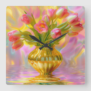 Relógio Quadrado Tulipas Rosa Vibrantes em Vase Ouro