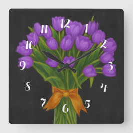 Relógio Quadrado Tulipas Roxas Chalkboard