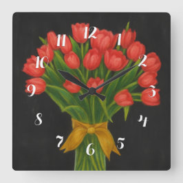 Relógio Quadrado Tulipas Vermelhas Chalkboard
