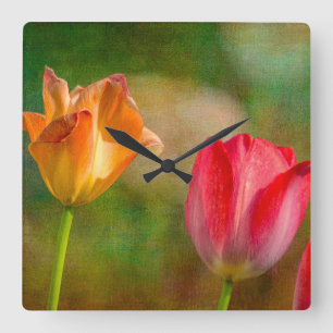 Relógio Quadrado Tulipas vermelhas e amarelas sobre fundo texturiza