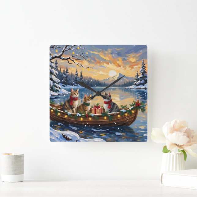 Relógio Quadrado Turkish Angora Cat Christmas Boat Holiday (Lar)