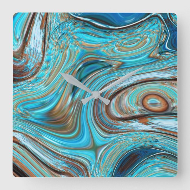 Relógio Quadrado turquesa azul-de-fazenda Turquesas de madeira (Frente)