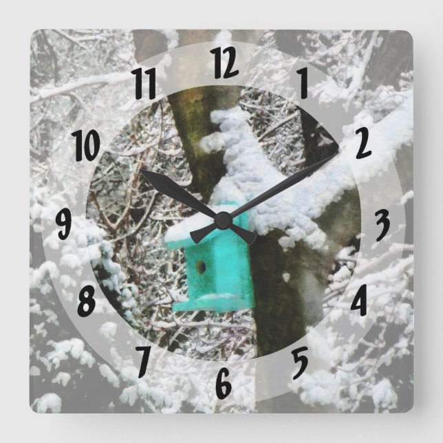 Relógio Quadrado Turquesa Birdhouse no inverno (Frente)