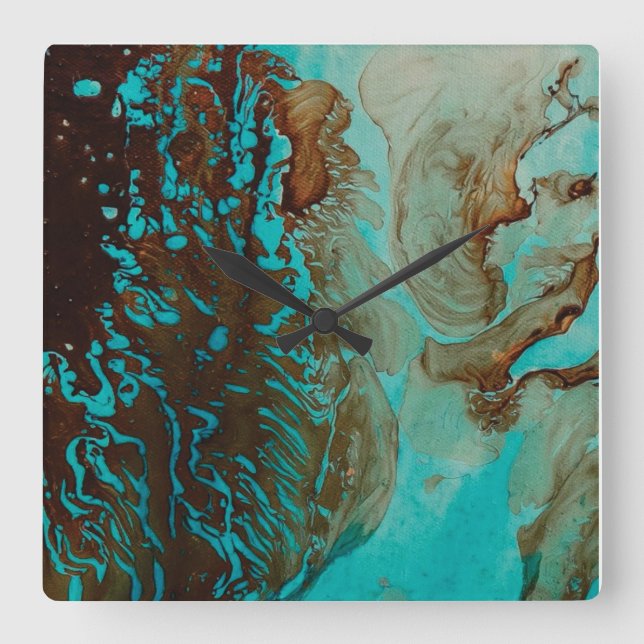 Relógio Quadrado Turquesa, Castanho E Tan (Frente)